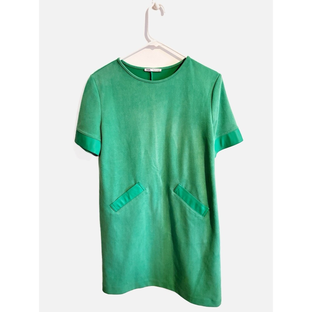 Zara Kelly Green Faux Suede Short Sleeve Dress With Pockets Size US Small